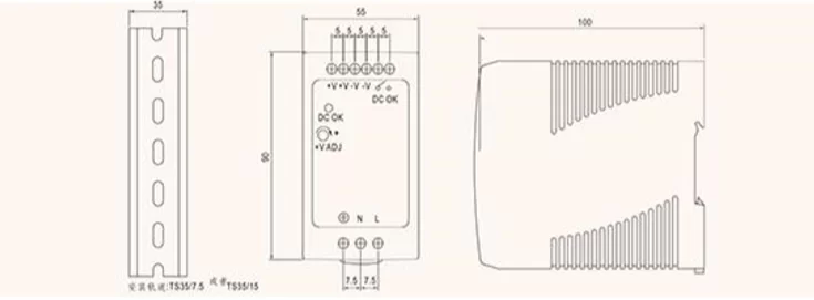 Plastic shell 5V/12V/24V/48V dc dinrail power supply 100w